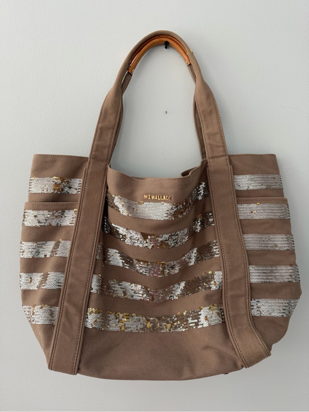 MZ Wallace Taupe Canvas Tote with Silver and Gold Sequin Stripes